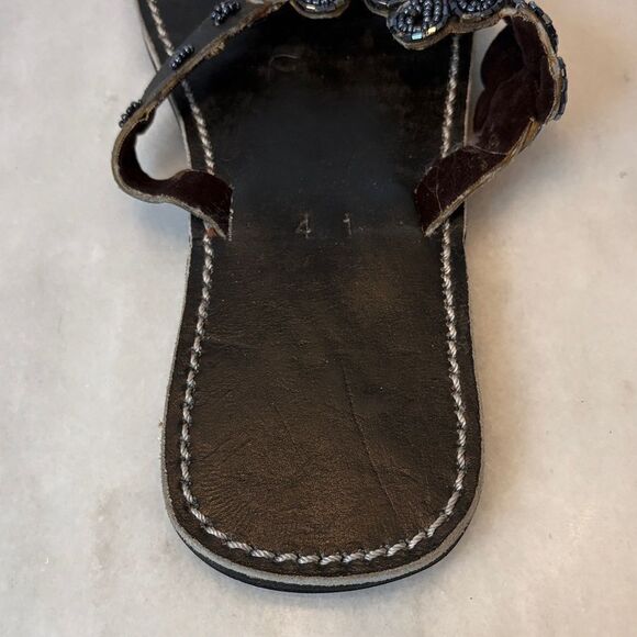 Sandals Shoes Black Floral Beaded Leather Women's Sandals - Picture 5 of 11